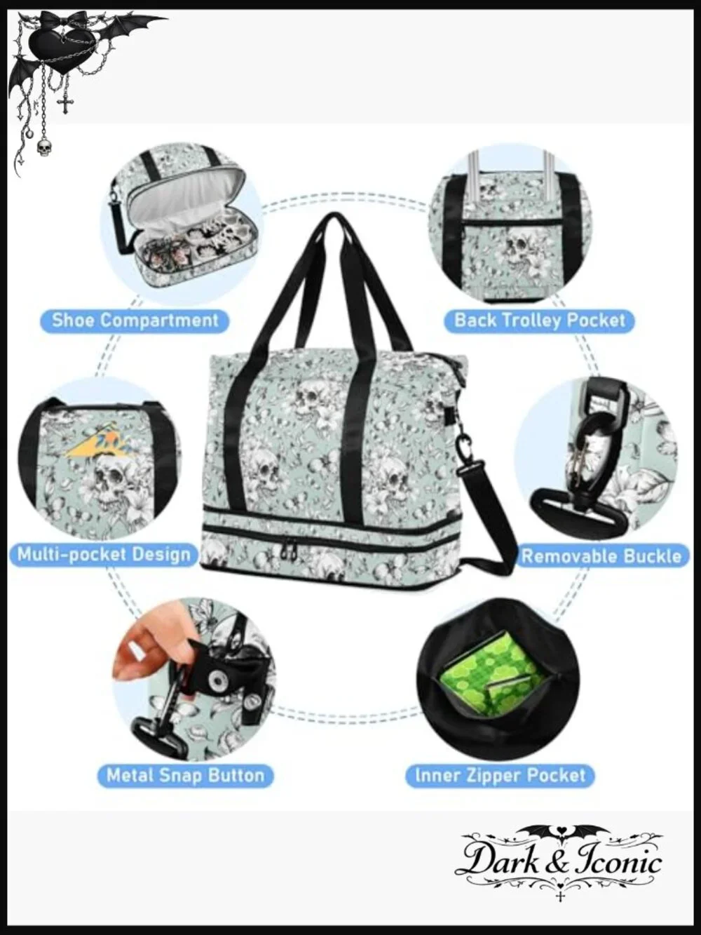 Gothic Skull Vintage Travel Duffel Tote Bag with Wet Pocket